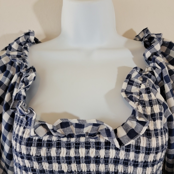 Anthropologie MABLE Blue/White Gingham Smocked Mini Dress Sz M Y2K Peasant Fairy - Picture 4 of 12